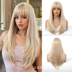 ヨーロッパとアメリカの前髪レイヤード化学繊維ヘアセットプラチナバービースタイルロングストレートヘアウィッグ女性用フルヘッドウィッグ