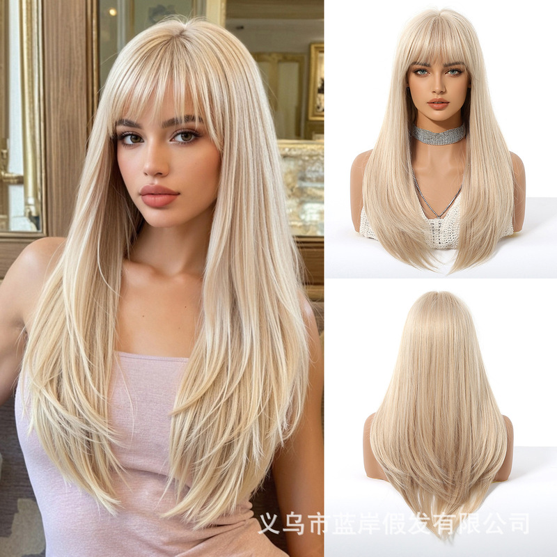 European and American Style Full Bangs Layered Synthetic Fiber Wig Platinum Barbie Style Long Straight Hair Wig for Women Full Head Wig