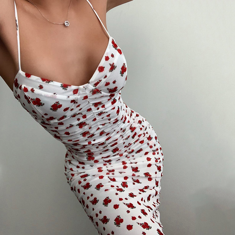 Sexy Print Bag Hip Drawstring Halter Back Dress NSXE39191