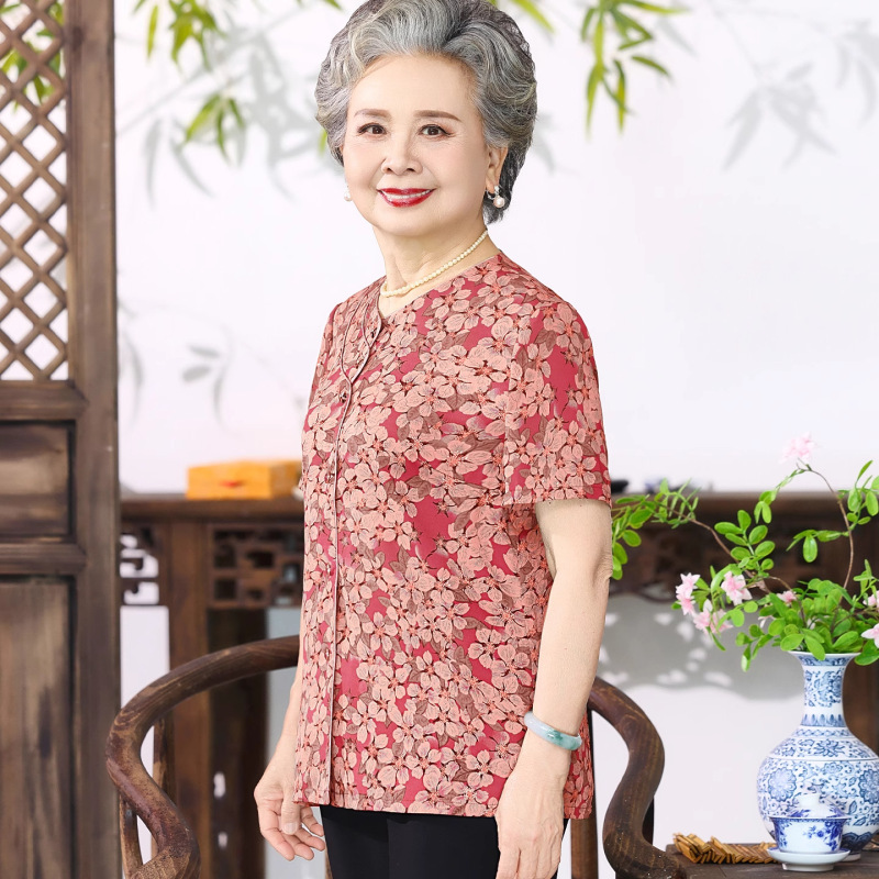 奶奶夏女套装短袖T恤薄款碎花衬衫中老年人60岁太太妈妈衣服衬衣|undefined