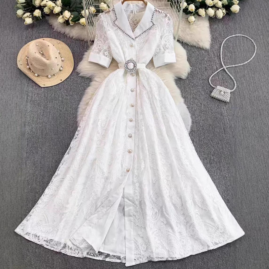Elegance Lace Dress – Blazer Collar A-Line Maxi Dress With Pearl Buttons & Waist Tie (White/Black, S-Xxl, Office & Wedding Guest Outfit)_voghion.com