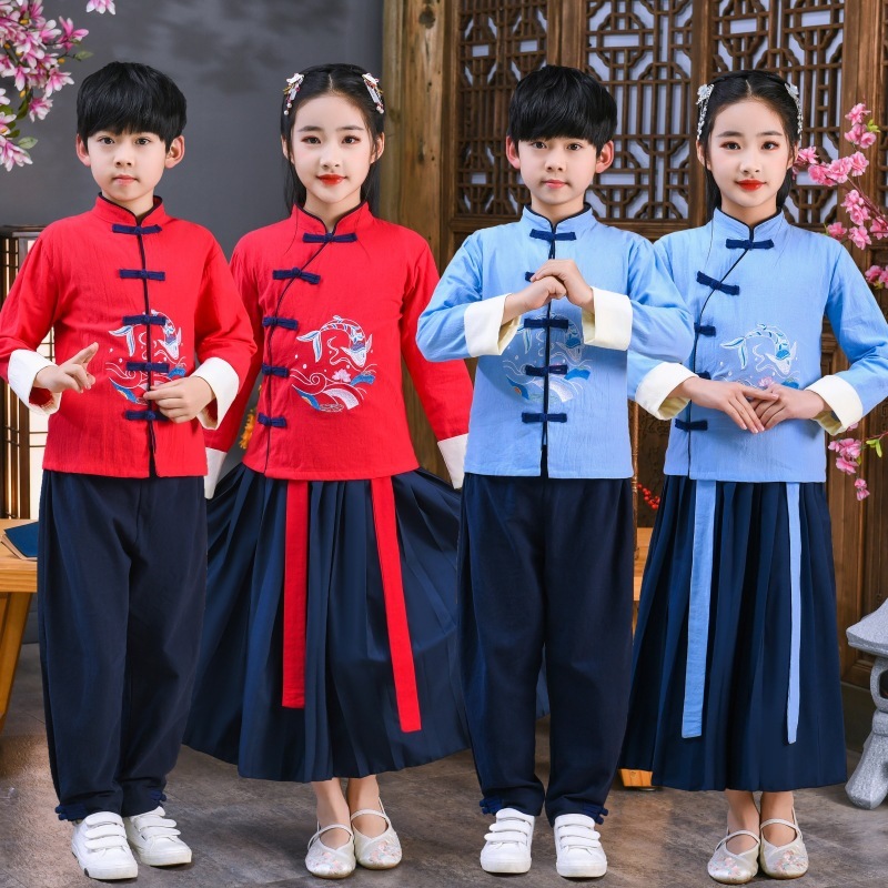 Boys girls hanfu tang suit children's poetry chinese folk dance costumes confucius  school choir performance clothing for children