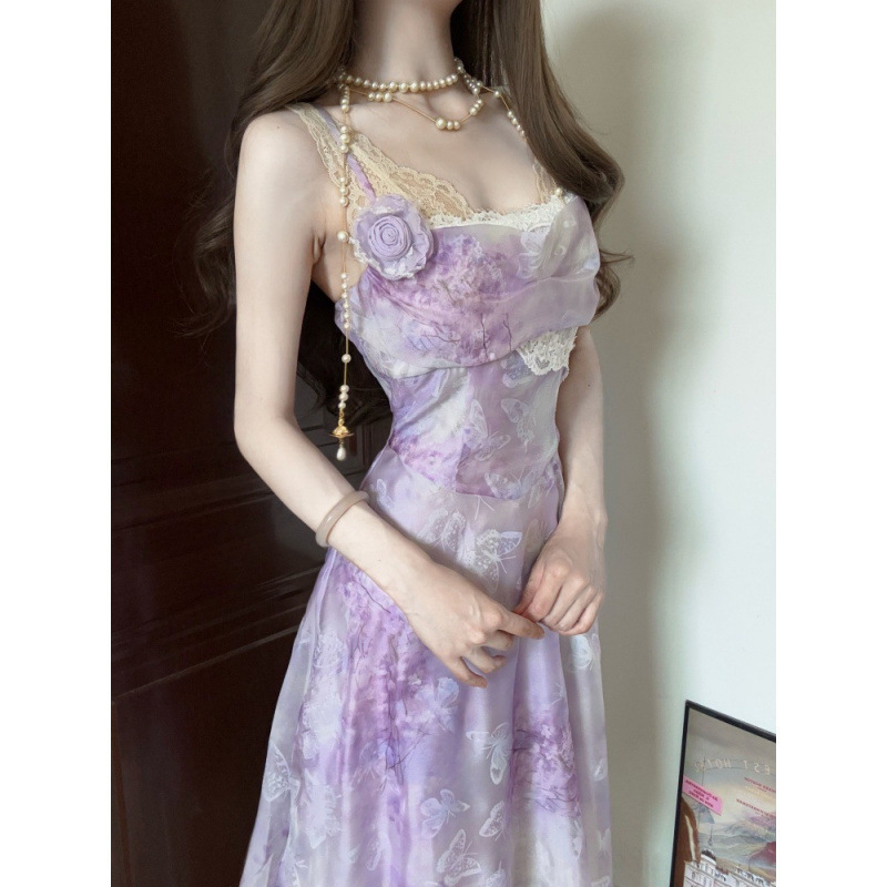Resort Style Purple Smudged Floral Lace Splicing Suspender Dress, Super Beautiful and Beautiful Waist-Cinching Long Skirt