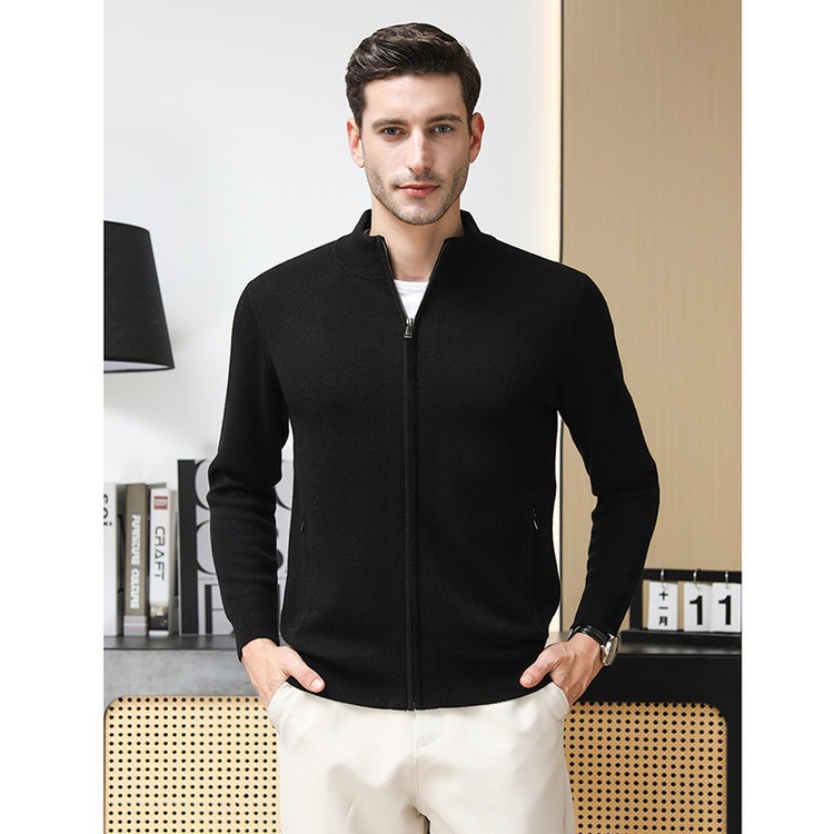 Suéter de lana de hombre cardigan de punto otoño invierno grueso chaqueta de lana pura de mediana edad papá cremallera cuello vertical suéter