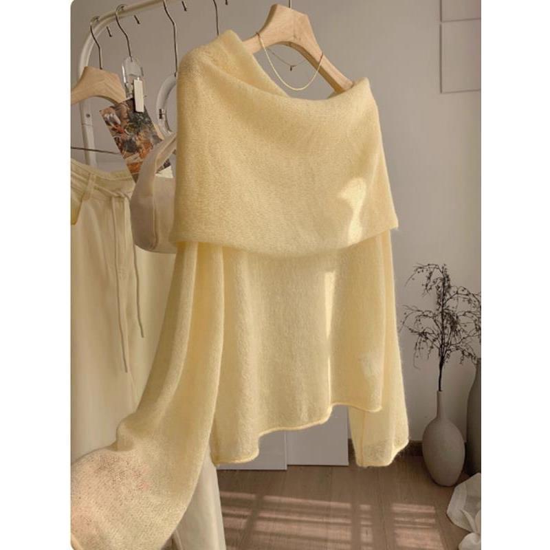 Beloved! Goose Yellow Off-The-Shoulder Knit Sweater for Women, Early Autumn New Skin-Friendly Comfortable Mohair Long-Sleeve Sweater