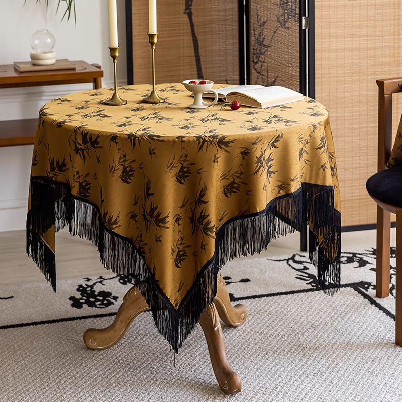 New Chinese-Style B&B Chinese-Style Tablecloth Rectangular Tassel Coffee Table Fabric Atmosphere Yellow Round Table Tablecloth