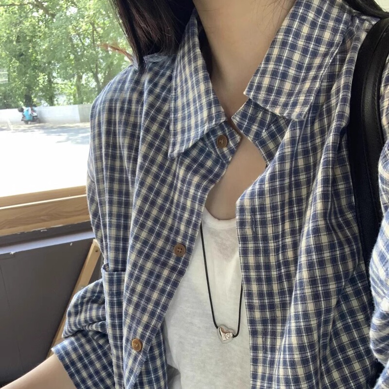 现货韩系格子衬衫女早秋新款百搭宽松慵懒风上衣外搭格纹衬衣外套|undefined