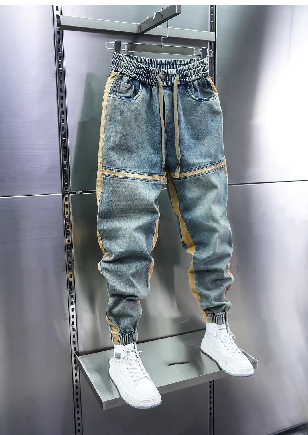 Men's Slim Fit Patchwork Distressed Jogger Jeans Elastic Waist_voghion.com