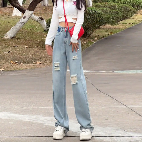 Minority Dragging Jeans Women's Color Matching Design Hole High Waist Loose Casual Pear Shape Straight Tube Wide Leg Pants 