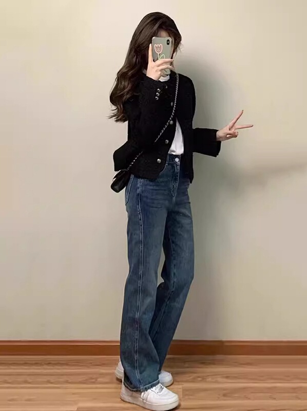 黑色小香风短款外套女秋冬外穿新款韩系设计感粗花呢开衫外套|undefined