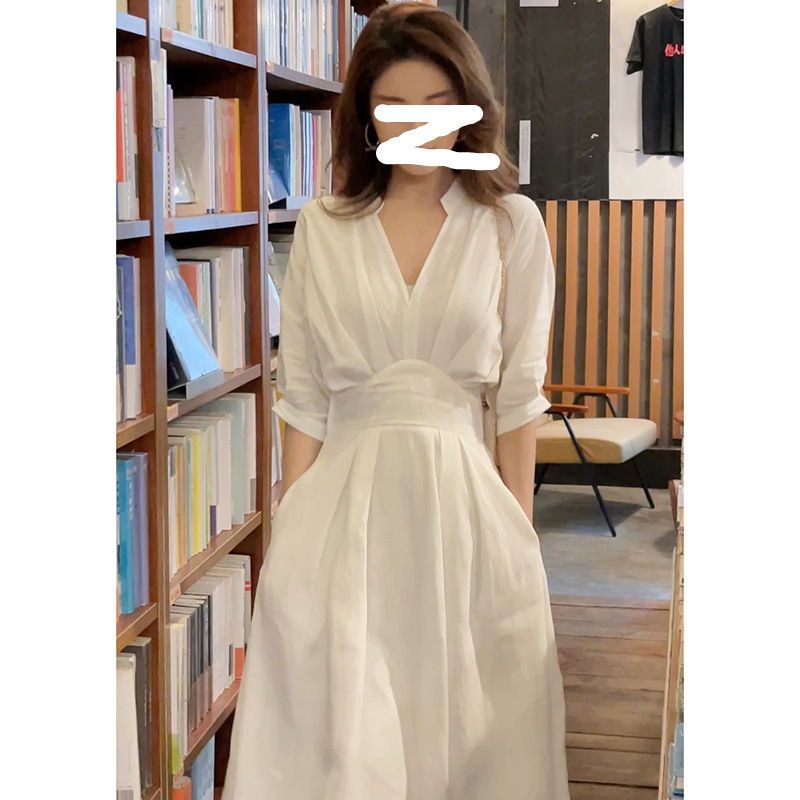 2022 New Dress Women's Summer White V-neck Design Temperament Fashion Waist Slim Mid-length Skirt Women