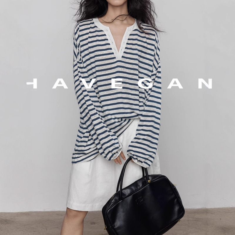 Havegan/Design-Inspired V-Neck Linen Striped Long-Sleeve T-Shirt for Women, Spring and Summer Sun-Protective Thin Vacation Style Top