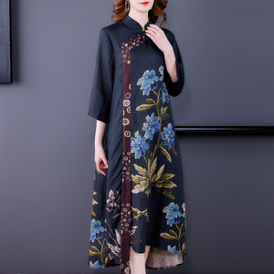 Improved black floral qipao dress Chineses Dresses Retro Qipao For women girls  printing temperament elegant loose irregular wind hanfu tang suit
