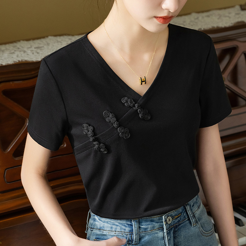 Camiseta de manga corta para mujer verano 2023 Nueva Camiseta de algodón con cuello en V de clavícula abierta para mujer Top retro chino con hebilla image 6