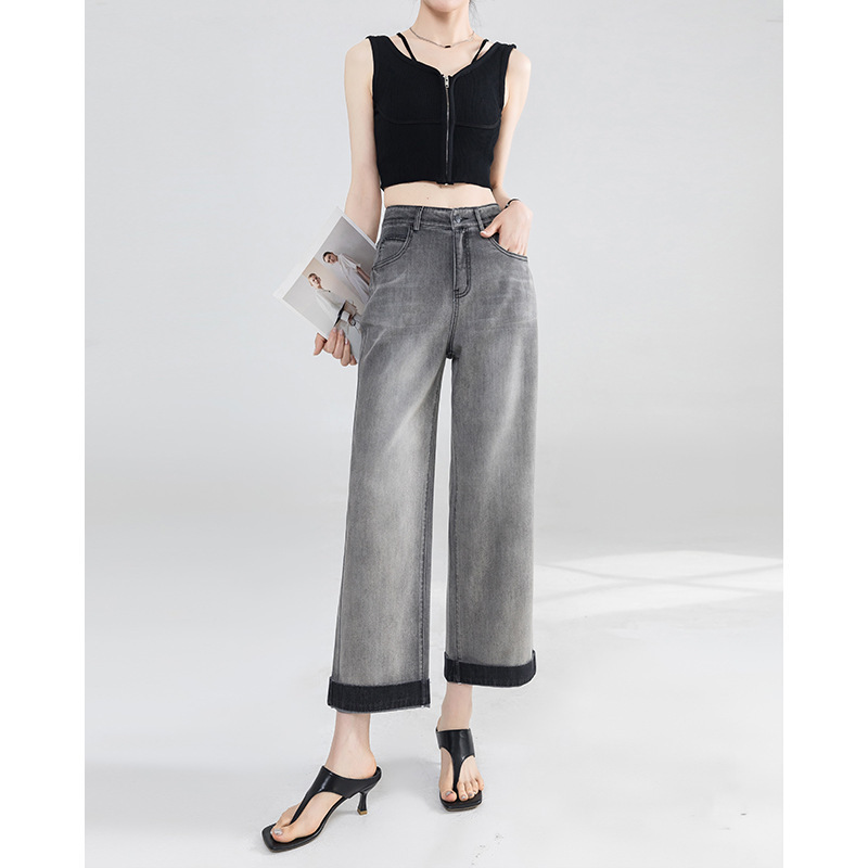 Cool Gray Cropped Wide-Leg Jeans for Women, 2026 Summer New Style, Loose Fit, Slimming Pants, Petite Straight-Leg Pants