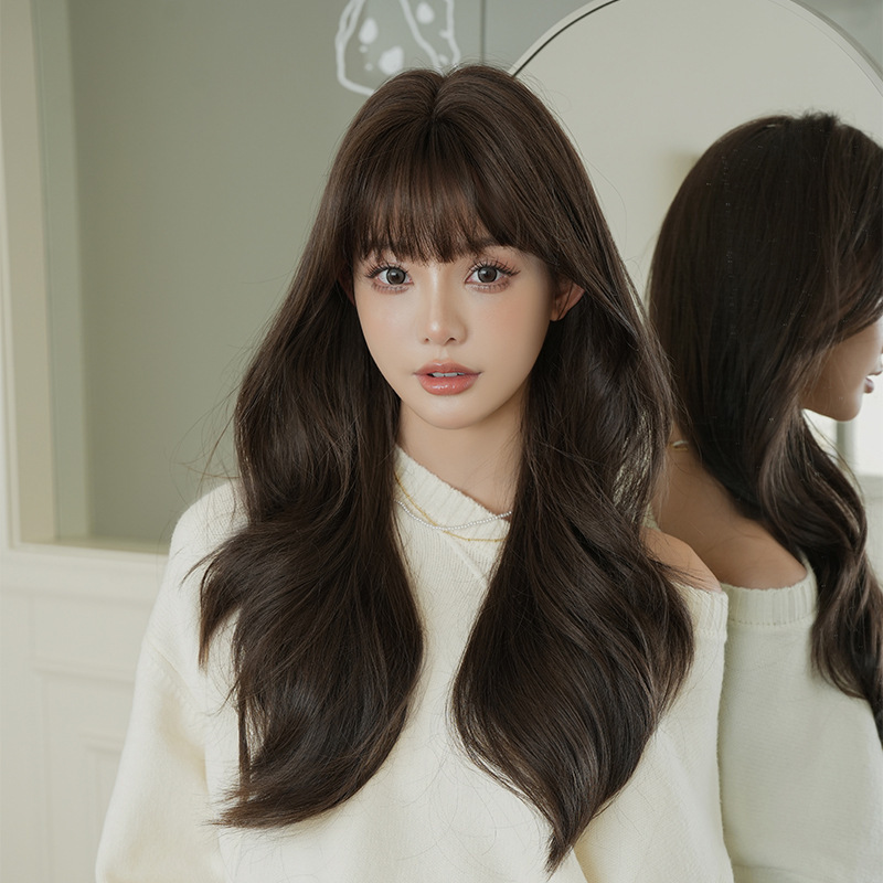 Seven Street Queen wig female long curly hair chemical fiber simulation neat bangs big wave roll full head cover manufacturers wholesale Seven Street Queen wig female long curly hair chemical fiber simulation neat bangs big wave roll full head cover manufacturers wholesale