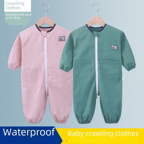 Baby full-body crawling suit, outerwear for children's connected hooded jacket, waterproof crawling clothes for babies, unisex long-sleeved thin version of the harrier
