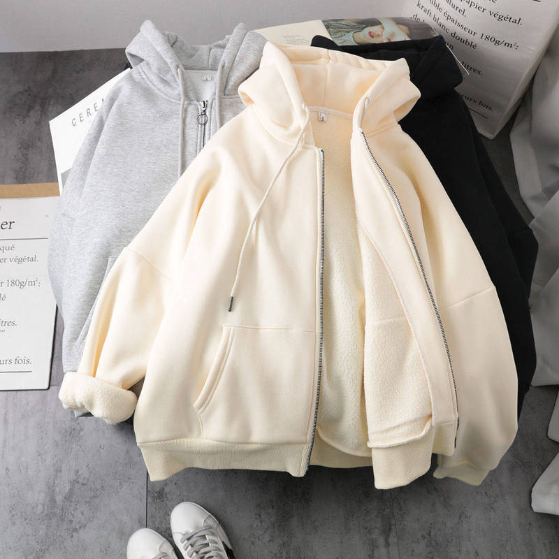Large Size Hooded Fleece-Lined Thickened Loose Sweater Jacket Women's ins Cardigan Zipper Casual Sports Autumn and Winter Jacket Women