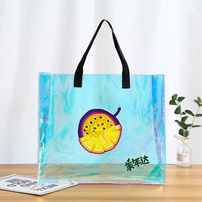 网红高档手拎果冻包透明防水塑料企业炫彩购物pvc镭射手提袋定制