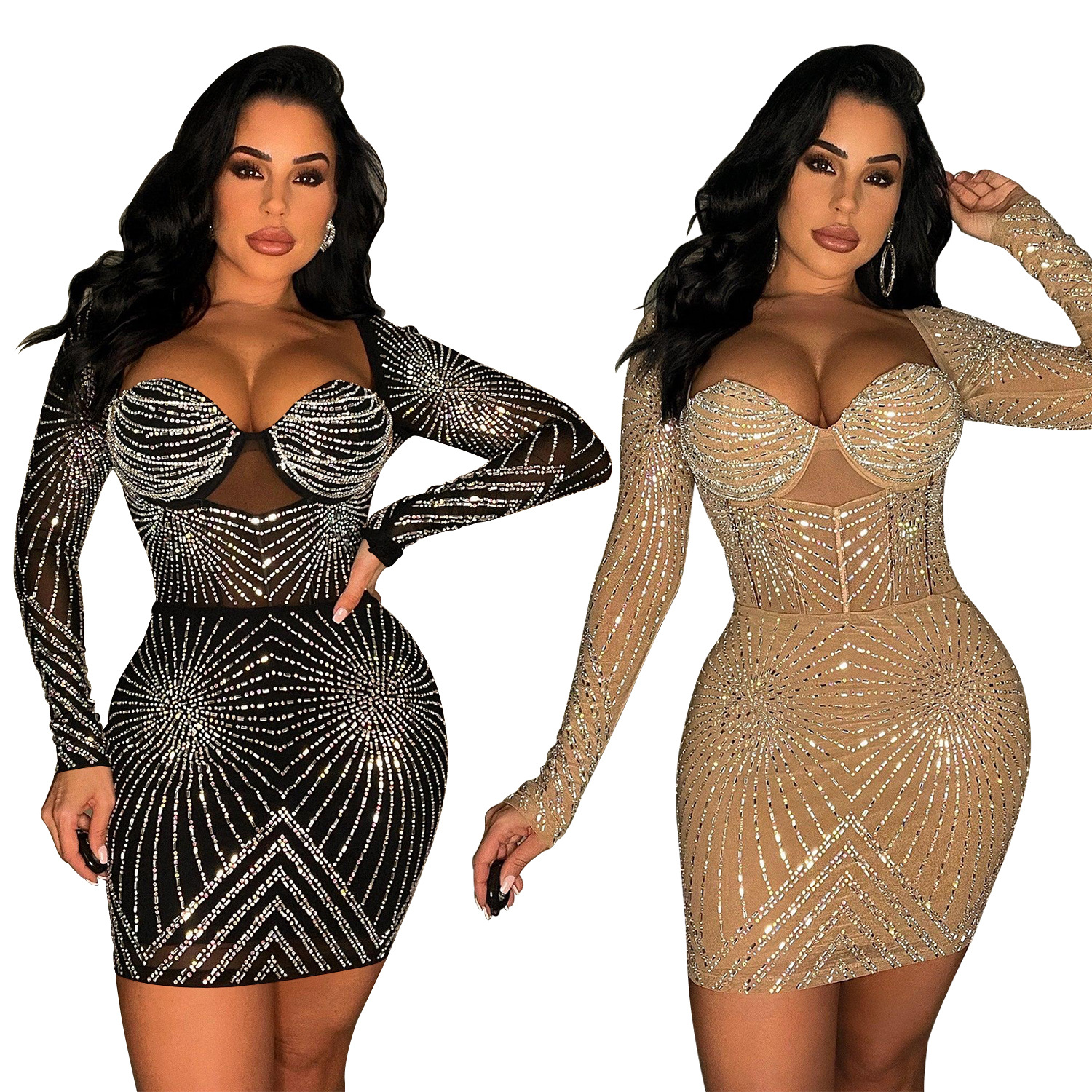 392g Weight Above Knee Dress Length Type Long Sleeve Sleeve Length Party Dress Dresses Type Regular Sleeve Sleeve Type Spandex, Polyester Fabric Type Mid Waist Waist Line Daily Occasion V Neck Neckline Regular Fit Fit Type Solid Color Pattern Summer, Spring, Autumn Season Women's Gender Diamond Design Elegant Style Wholesale Women's Elegant Diamond Solid Color Daily V Neck Long Sleeve Party Dress 11