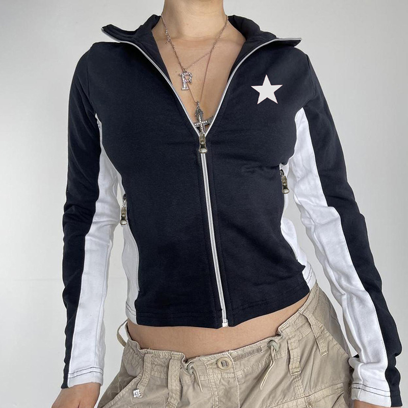 product - wholesale Women Clothing Autumn Winter Street Tide Brand Personality Five Pointed Star Printed Zipper Coat - 3