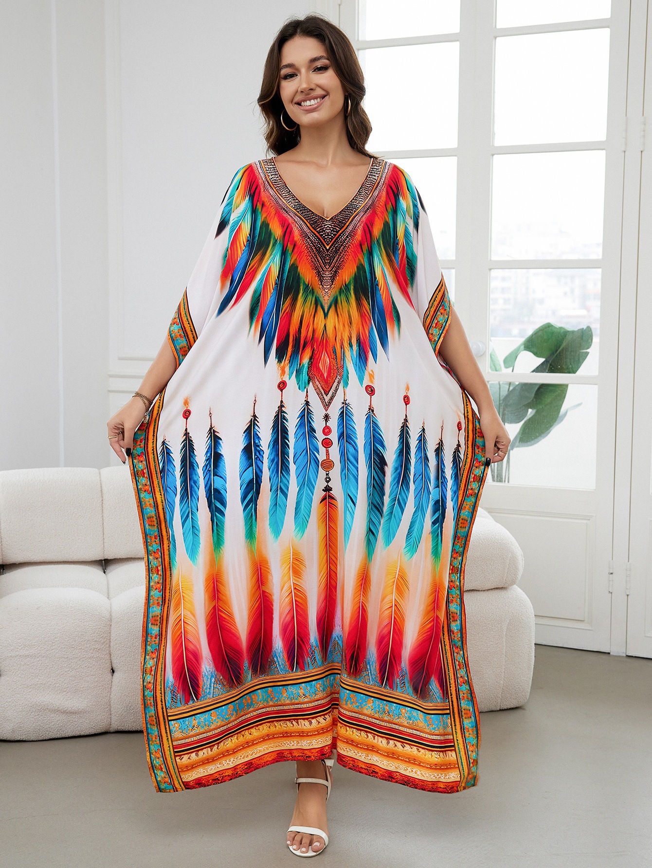 Rochie de plajă lungă kimono dama boho viscoză tie-dye_voghion.com