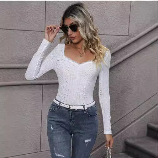 Pullover New Explosions Amazon French Knitted Chicken Heart Collar Embroidered Eyes Pleated Bust Lace Decorative T-Shirt Women