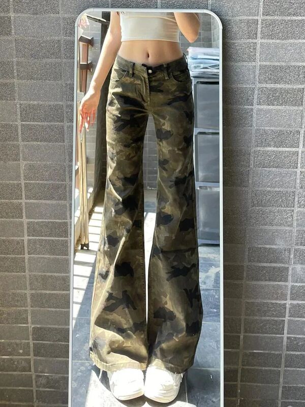 Camouflage Flared Jeans for Women, Summer Popular Street Style, Versatile Low-Waist Slimming, Flesh-Covering, Non-Stick Leg Flared Pants Camouflage Flared Jeans for Women, Summer Popular Street Style, Versatile Low-Waist Slimming, Flesh-Covering, Non-Stick Leg Flared Pants
