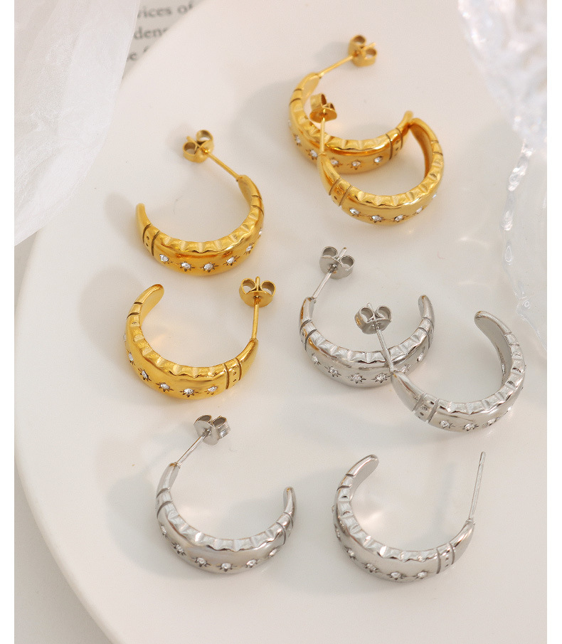 Retro C Shape Titanium Steel Earrings Inlaid Zircon Stainless Steel Earrings