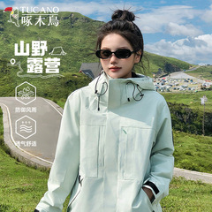 啄木鸟绿色冲锋衣女2025新款春秋冬季户外三合一防风登山服女外套