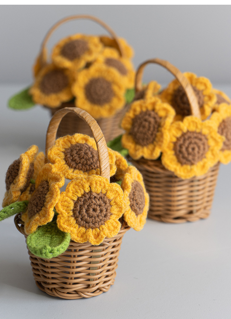 手工针织向日葵迷你花篮成品毛线仿真太阳花盆栽摆件节日礼品摆摊详情7