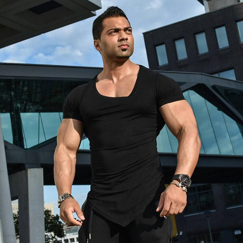 Foreign trade hot selling blank light board oblique V-neck fitness short sleeve fashion hip hop irregular hem slim fit sports T-shirt