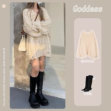 复古宽松慵懒风镂空针织衫女早秋设计感小众中长款大毛衣上衣