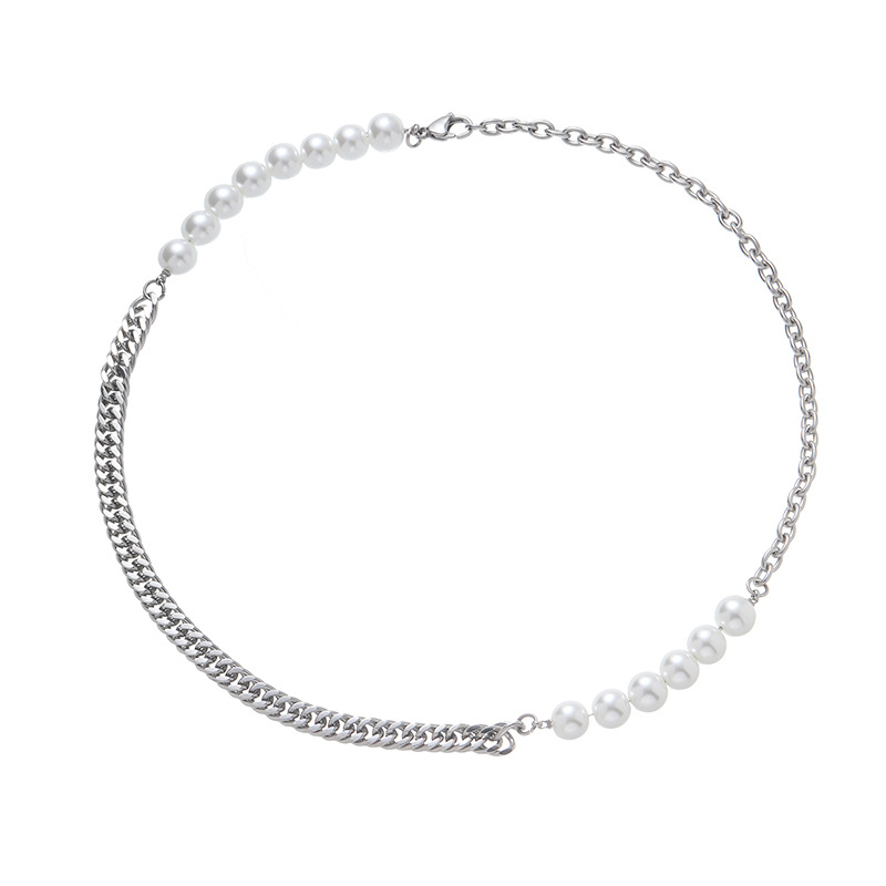 Personalisierte Titanstahl Cubankette Mit Perlenhalskette_voghion.com