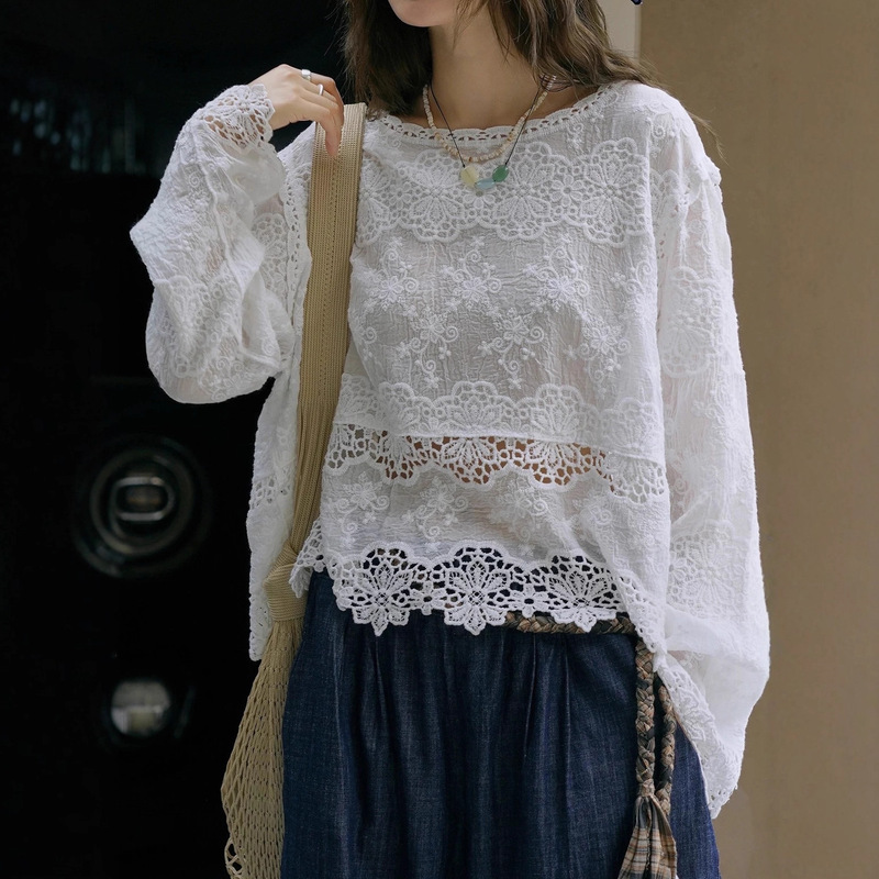 French-Style Lace All-Cotton Washed Lace Blouse 2025 Summer Three-Dimensional Hollow Embroidery Soft Breathable Top for Women