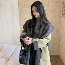 手工手缝双面羊绒大衣女 中长款大翻领双面双色阔版双面羊毛大衣