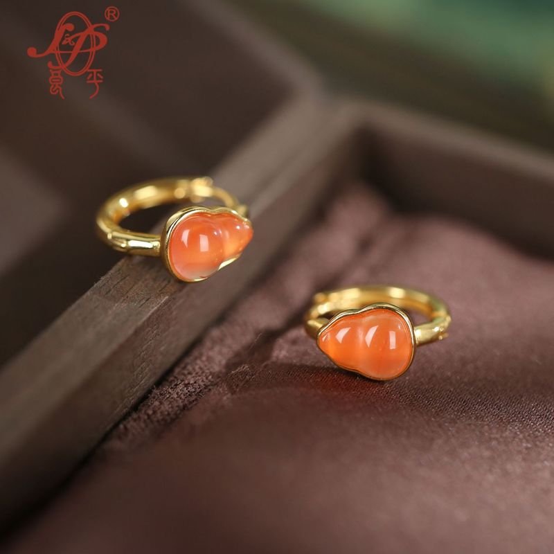 S925中国風軽奢多用途南紅瑪瑙イヤリング、金メッキのひょうたん型イヤリング、レトロな雰囲気の新中式イヤリング|undefined