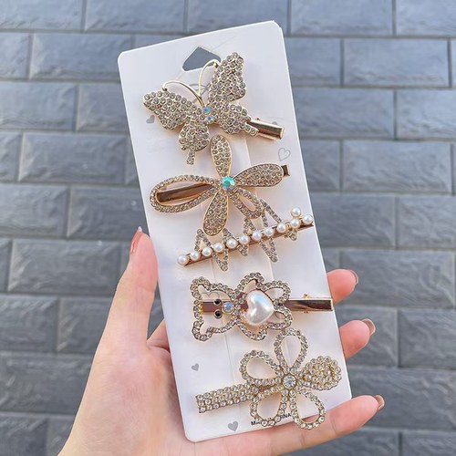 2024新款韩版刘海夹小熊花朵复古简发夹套装女羽毛珍珠发夹侧边夹