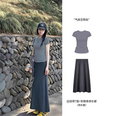 针织薄款半身裙套装女夏长款2025夏季爆款包臀裙子韩系绝美小套装
