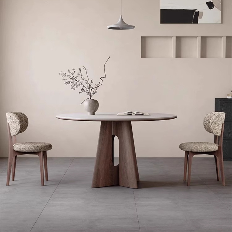 Nordic Slate Dining Table Round Table White Matte Modern Simple Small Apartment Wabi-Sabi Style Walnut Solid Wood Dining Table and Chairs