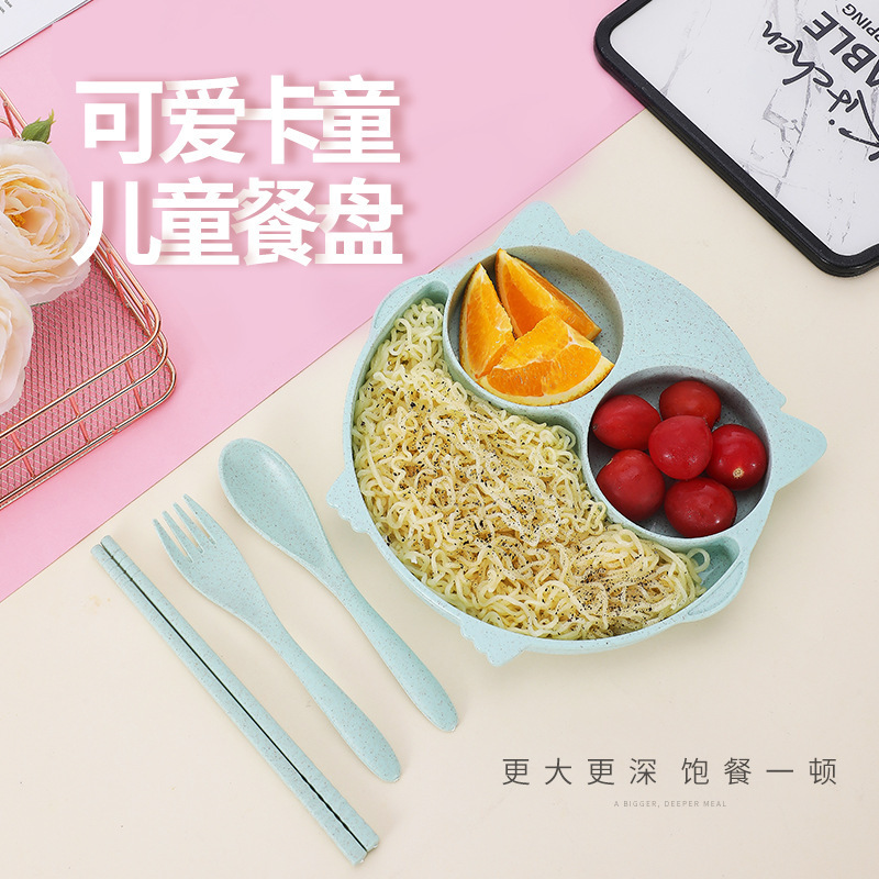 Wheat Straw Cute Children's Dinner Plate Kindergarten Gift Tableware Cartoon Bowl Set Bowl Fork Spoon Tray
