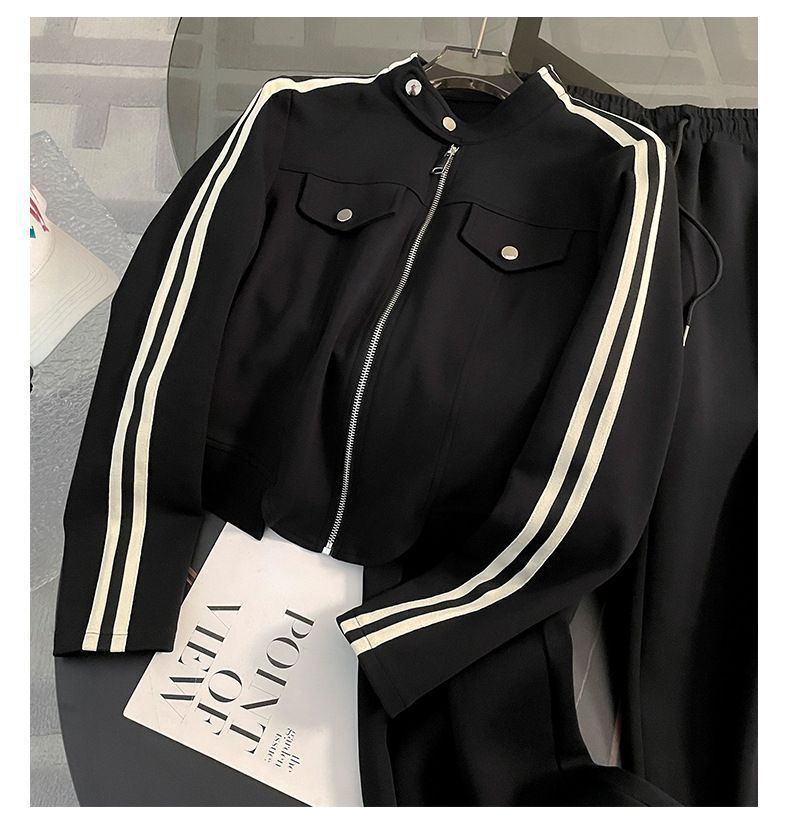 Korean Style Women's Zip-Up Hoodie & Jogger Pants Set - Casual Sporty Outfit (S-2XL, Black/Brown)_ecoleips.com