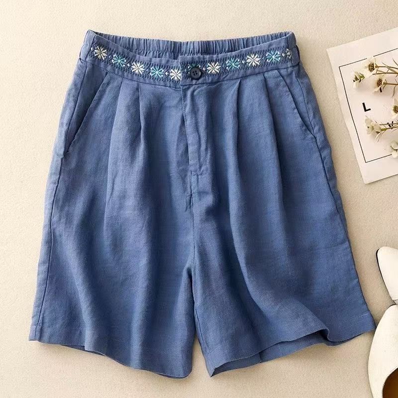 【Zhen Pao Men】Cotton and Linen Short Trousers, Artistic Chinese Style, High-Waisted Embroidered Shorts for Women, Loose and Versatile, Straight-Leg, Five-Point Length