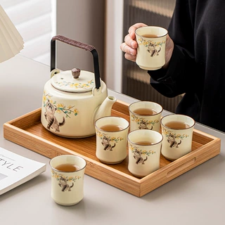汝窑萌猫功夫茶具套装家用陶瓷提梁泡茶壶茶杯茶具茶水壶陶瓷壶