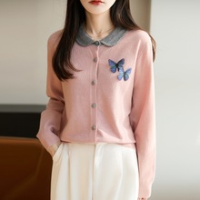 法式高端撞色娃娃领立体蝴蝶绣花针织开衫女气质减龄宽松内搭上衣