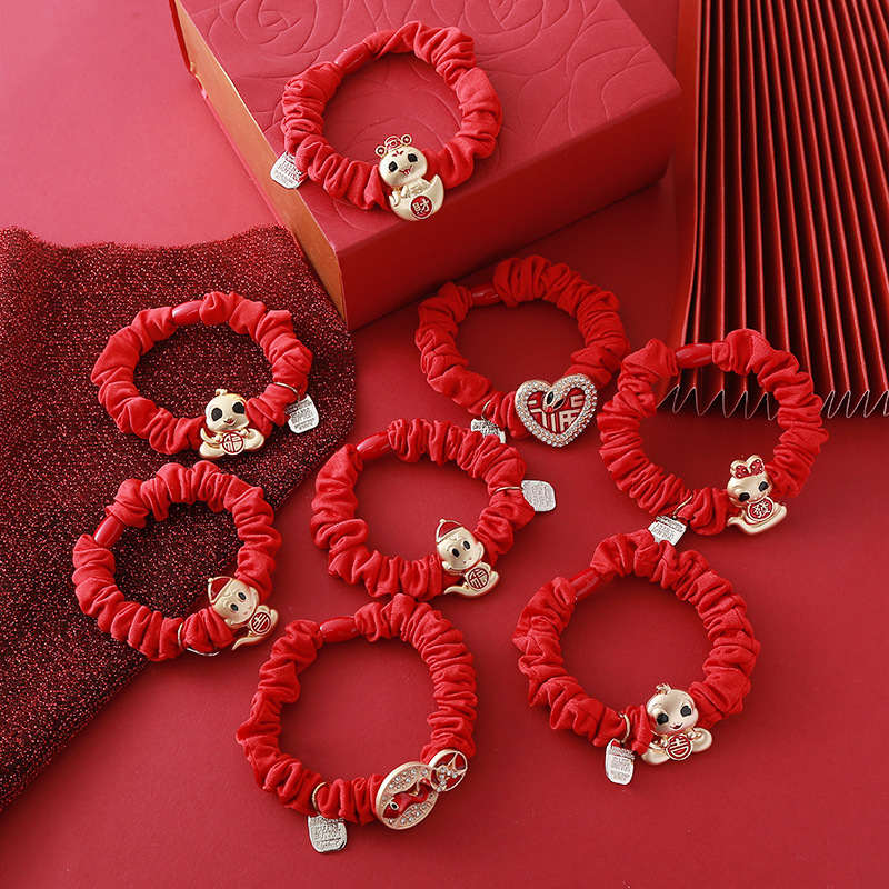 新年喜慶頭繩2025蛇年生肖本命年紅色合金髮圈高彈力耐用皮筋頭飾