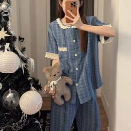 夏季新款 100% 婴儿棉蓝色碎花睡衣女 短袖长裤蕾丝边开衫家居服