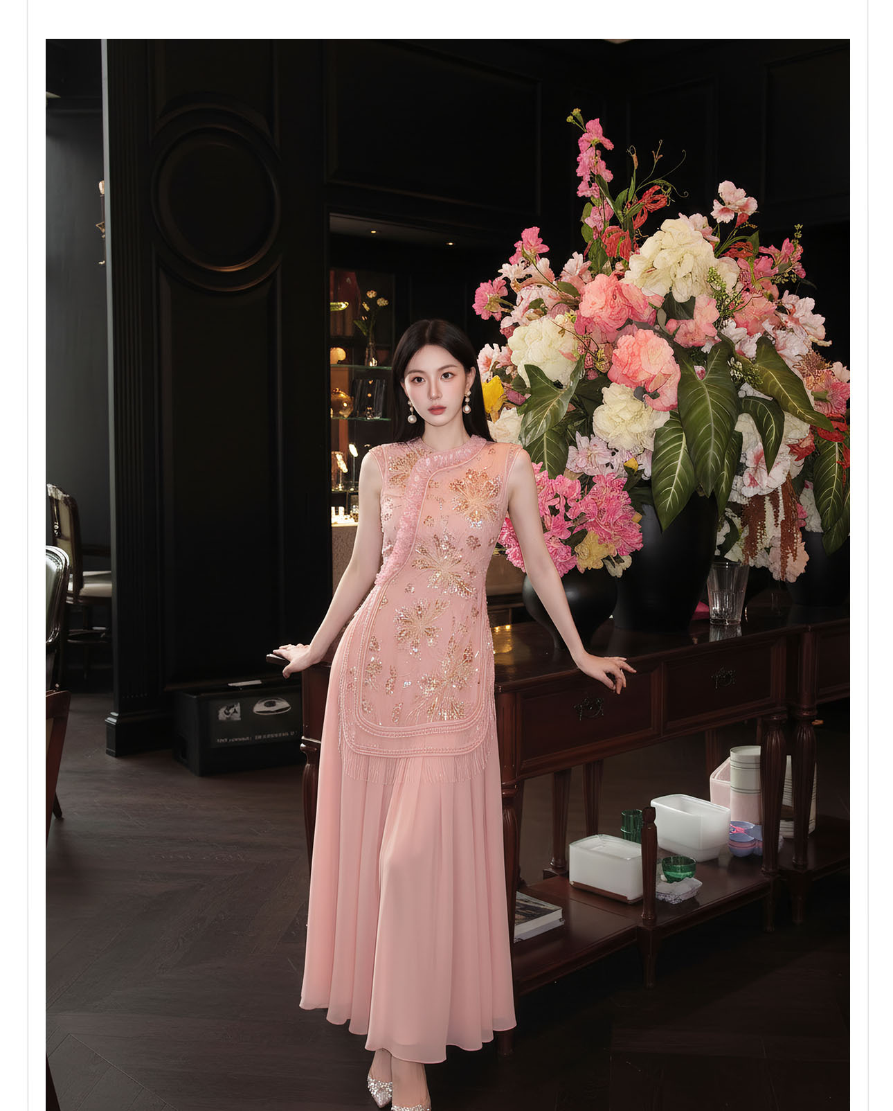 Đầm maxi nữ thắt eo thiết kế hoa nổi thêu ren cao cấp — màu hồng chi tiết 12