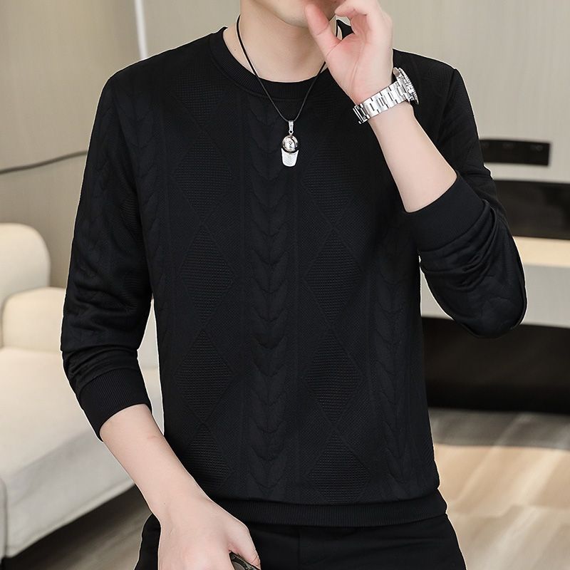 Men's New Jacquard Casual Trendy Fashion Color Base Shirt Long-Sleeve Versatile Crew Neck Fleece Top