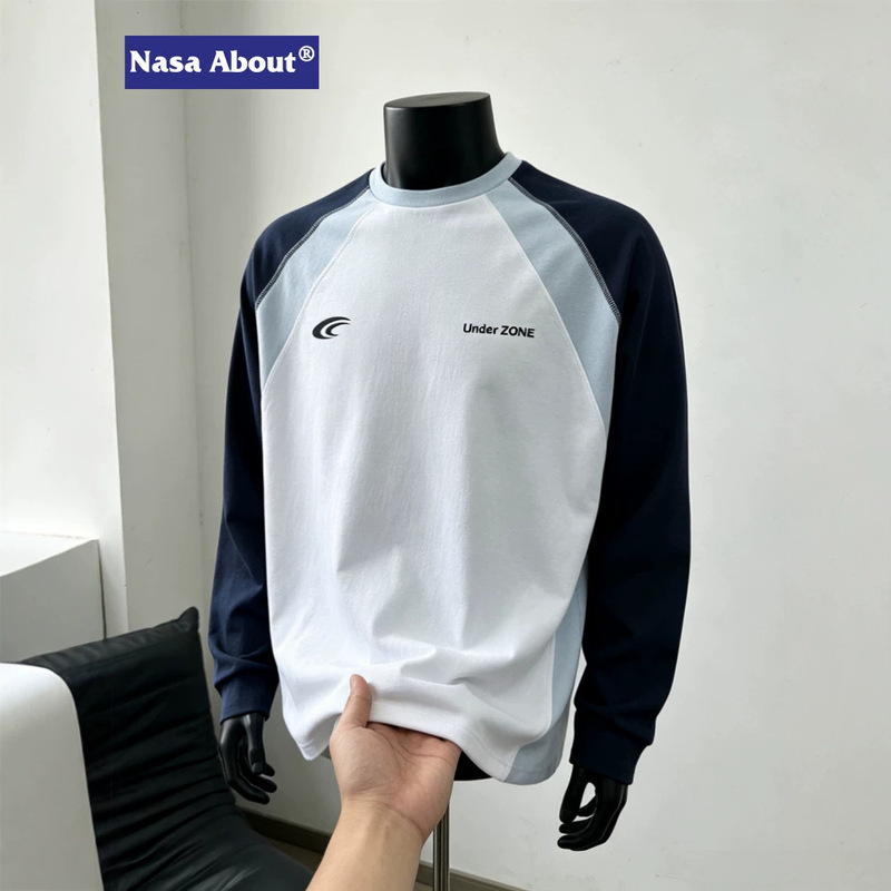 NASA ABOUT color-blocked long-sleeve T-shirt for men, loose fit, round neck, casual sporty style, breathable top, base shirt NASA ABOUT color-blocked long-sleeve T-shirt for men, loose fit, round neck, casual sporty style, breathable top, base shirt